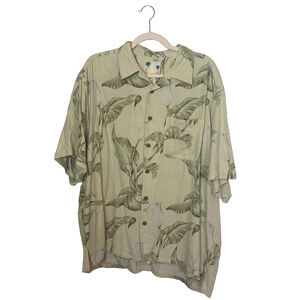 Banana Cabana Silk Button Shirt Sz XXL Cream Green Leaf Textured Beige
